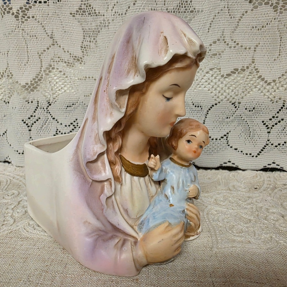 Napcoware Madonna and Child Planter 5.5" Pink Blue R-7075 Vintage Japan Ceramic